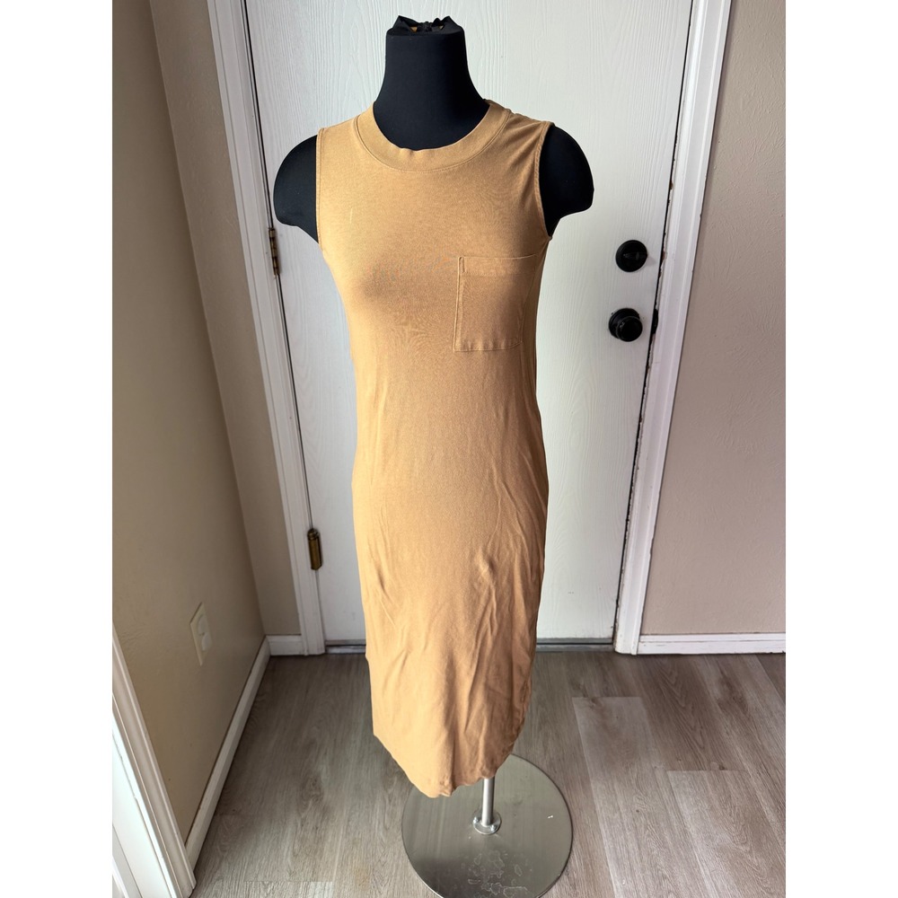 Everlane Womens XXS Camel Brown Cotton Sleeveless Pocket Midi Dress Slit Hem